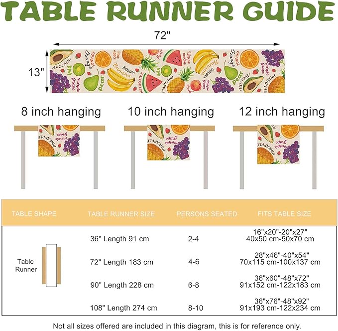 Watercolor Fruit Table Runner, Watermelon Pineapple Banana Orange Kitchen Dining Table Decoration, Spring Summer Grapes Kiwi Avocado Burlap Indoor Outdoor Home Decor Party Supply 13 x 72 Inches