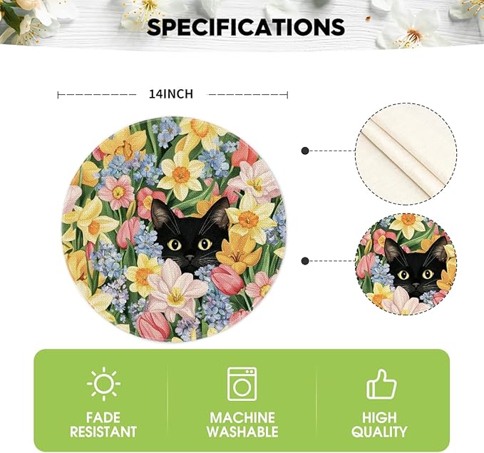 Artoid Mode Tulip Flowers Cat Round Spring Placemats Set of 4, 14 Inch Summer Round Table Mats for Dining Decoration