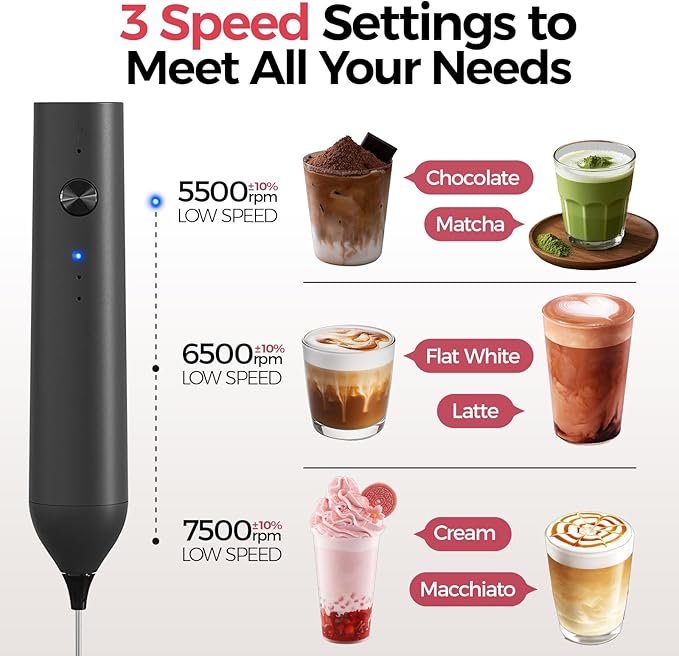 YARRAMATE Electric Milk Frother Wand with Stainless Steel Whisk and Stand, Fast Rechargeable Coffee Mixer with 3 Speeds, Handheld Drink Stirrer, Whisk Foam Maker for Lattes, Cappuccino, Matcha (Black)