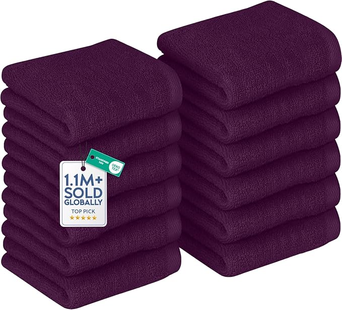 DAN RIVER 12 Pack Wash Cloths for Showering [12x12] - 100% Cotton Washcloths Premium Quality Flannel Face Cloths for Bathroom, Highly Absorbent and Soft Feel Wash Clothes, Purple Passion