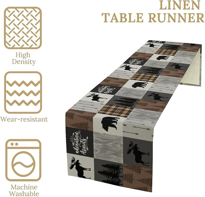 Rustic Cabin Bear Table Runner Retro Deer Moose Hunting Country Plaid Art Printed Runner for Home Kitchen Dining Table Living Room Decor Fabric 1 Panel W13xL60in