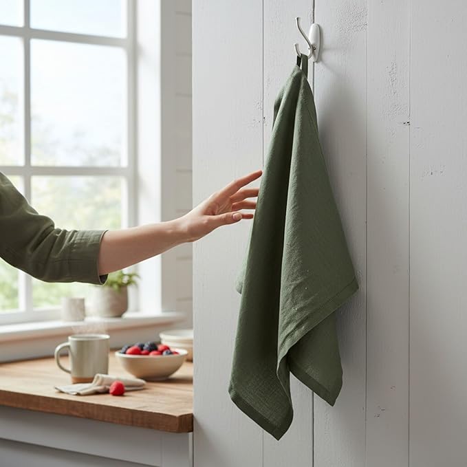 Linen Kitchen Dish Towels – 20” x 27” – 100% Pure Stonewashed Linen Hemstitch Hand Towel/Tea Towel - Set of 2 (Rustic Green)
