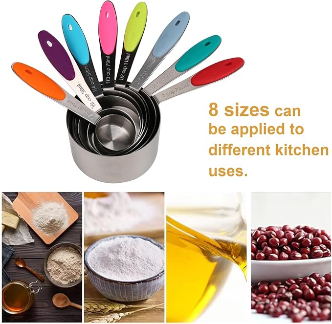 Stainless steel measuring cup set, consisting of 8 cups, suitable for cooking and baking.