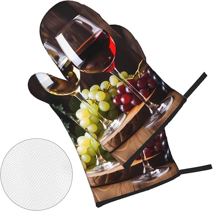 Red and White Wine Oven Mitts and Pot Holders Sets Grape Wooden Kitchen Oven Gloves Heat Resistant 500 Degrees Oven Mitt and Hot Pad for Cooking BBQ Baking Grilling