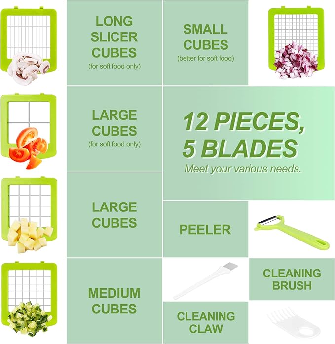 Food Dicer Chopper 5 Blades, Onion Dicer Chopper, Fruit and Veggie and Vegetables Chopper, Food Prep, Light Green