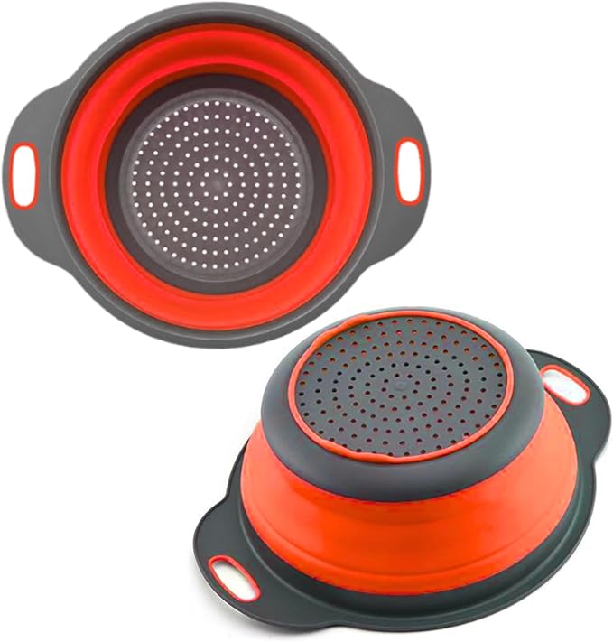 Red Round Silicone Collapsible Colander – Silicone Round Kitchen Strainers with Plastic Handles Foldable Kitchen Strainer Small Perfect for Draining Pasta Vegetable and Fruit