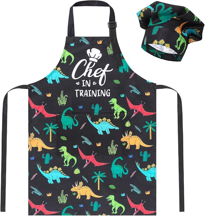 Kids Apron and Chef Hat Set, Funny Apron with 2 Pockets, Adjustable Kids Aprons for Cooking for Boys and Girls
