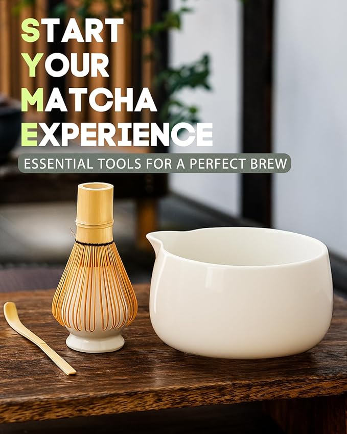 20OZ Matcha Whisk Set - 5PCS Matcha Kit Includes Ceramic Bowl with Spout, Bamboo Whisk with Holder, Bamboo Scoop and Sifter, Matcha Set for Ceremony, Gift for Matcha Lovers (White)