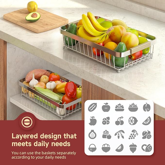 Sevenblue 2 Tier Large Fruit Basket for Kitchen Counter with 2 Mobile Banana Hangers, 2026 Pro Detachable Metal Fruit Bowl with Wooden Handle (Silver, 2 Tier)