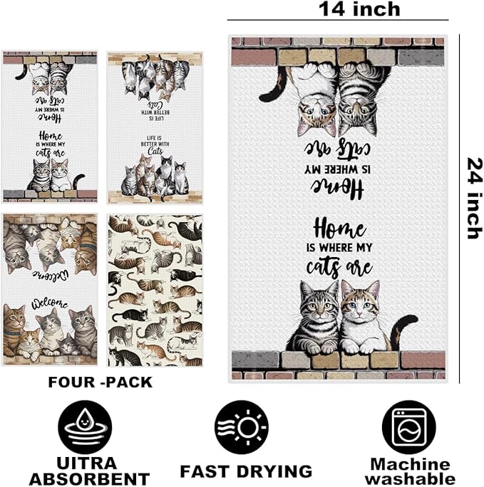 Jztco 4 Pcs Cute Cat Kitchen Towels 24x14 Inch, Cats Gifts Absorbent Hand Tea Towel, Microfiber Dish Cloths for Drying Dishes, Waffle Dish Towels for Kitchen Home Decor, Cat Lover Gifts for Women Mom