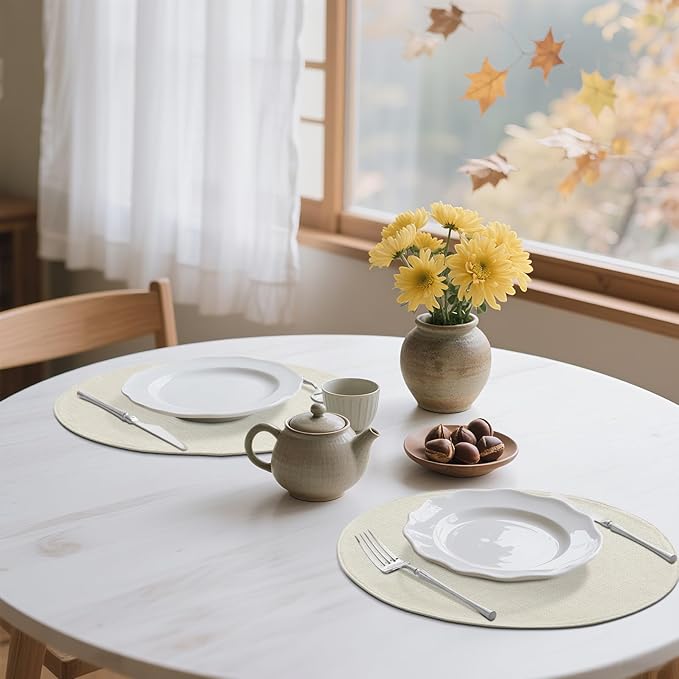 homing 15 Inch Round Cloth Placemats Set of 6, Cotton Linen Blend Washable Table Mats, Farmhouse Dining Place Mats for Indoors & Outdoors, Easy to Clean, Cream