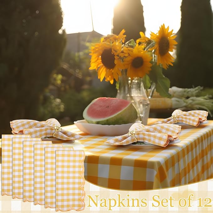 SmoothNovelty 12 Pack Buffalo Plaid Cloth Napkins 18x18 Inch Spring Checkered Cloth Napkins Scalloped Soft Cotton Table Mat Washable Reusable for Dinner Wedding Birthday Parties (Classic,Orange)