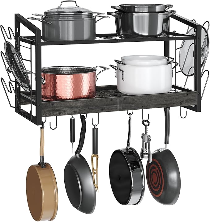 CHOEZON Hanging Pot Rack, Pot Rack Wall Mounted, 2-Tier Kitchen Pot and Lid Organizer, Wall-Mounted Cookware Holder with 12 Hooks, for Kitchen Storage of Pots, Pans, Utensils, Charcoal Black TPR02BC