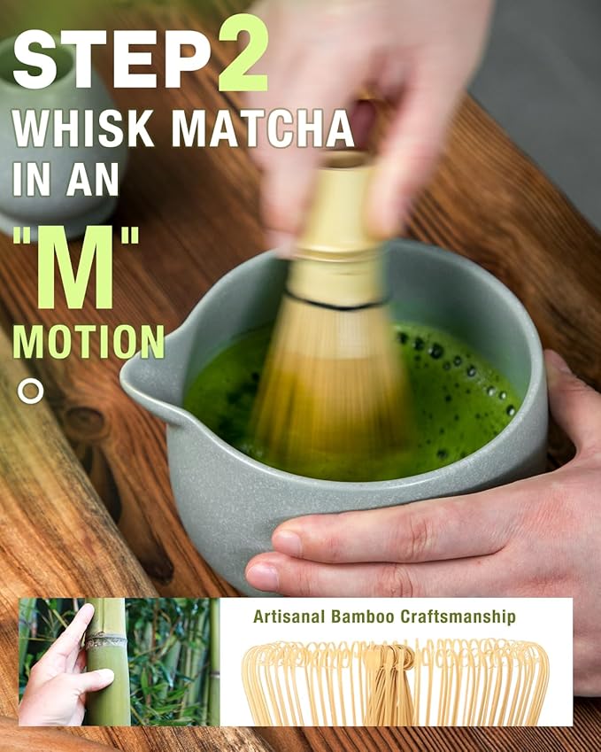 20OZ Matcha Whisk Set - 5PCS Chasen Set Includes Matcha Bowl with Spout, Bamboo Whisk with Ceramic Holder, Macha Scoop and Sifter, Matcha Kit for Ceremony, Gift for Matcha Lovers (Pale Gray-Green)