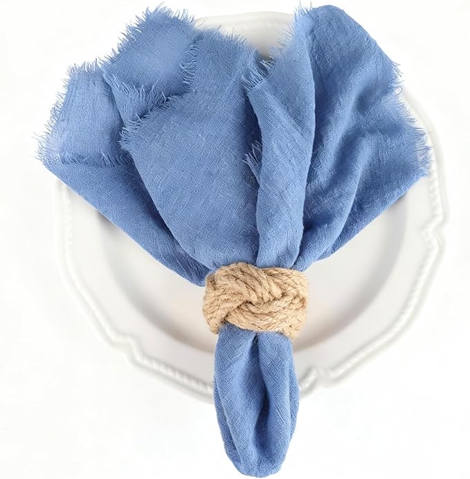 Cotton Blend Fringe Cloth Napkins - Crinkle Gauze Dinner Napkins, Reusable & Washable Table Napkins, 17" x 17" (43 x 43 cm), Multiple Colors, 12/24/48/100 Pack (48, Blue)
