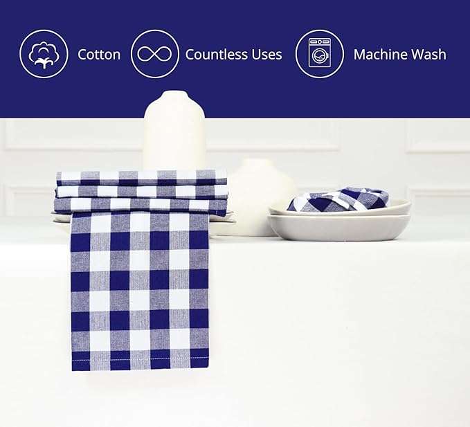 PurpleEssences Buffalo Plaid Cloth Napkins - Mitered Corners - Spring Easter Summer - Gingham Check Dinner Napkin - Set of 12-100% Cotton - 18x18 Inch - Reusable Washable - Blue and White