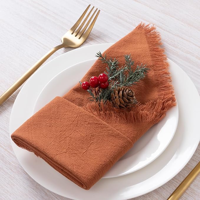 DeZerlor 12 Pack Terracotta Cotton Linen Napkins with Fringe Spring Cloth Napkins Set of 12 Boho Handmade Dinner Napkins Bulk for Wedding Bridal Baby Shower Parties, 17 x 17 Inches
