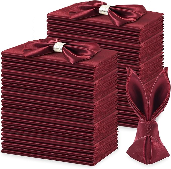 KKJIAF 50 Pack Burgundy Square Satin Napkins 17x17 Inch Soft Smooth Cloth Napkins，Silky Table Napkin for Wedding Banquet Party Decoration