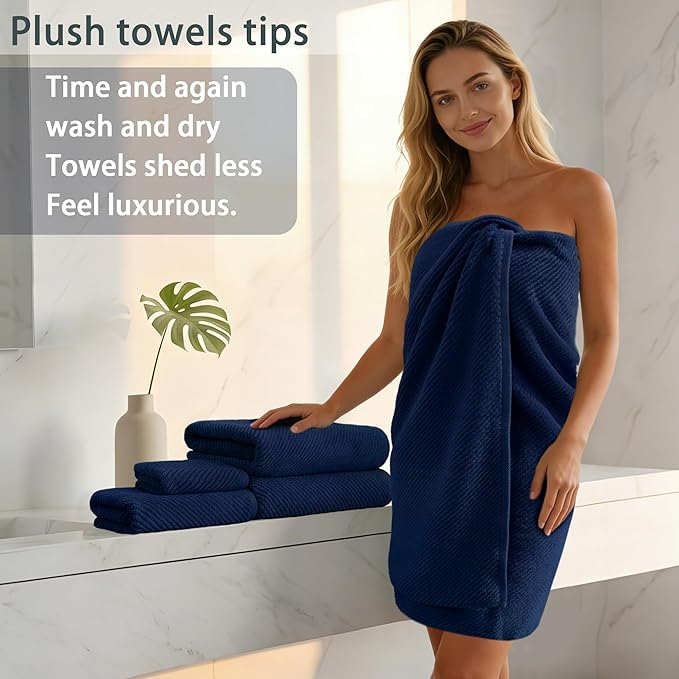 VOOVA & MOVAS Bath Towels - 100% Cotton | Quick Dry | Light Weight | Thick | Soft, Towel Set of 6, 2 Large Bath 30"x56", 2 Hand 18"x28", 2 Washcloths 13"x13", Quick Dry Towel for Shower, Navy Blue