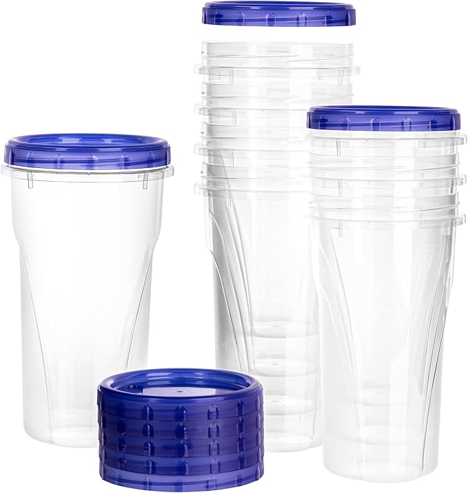PLASTICPRO [48 oz 4 Pack] Twist Top Deli Containers Clear bottom With blue Top Twist on Lids Reusable, Stackable, Food Storage Freezer Container Pack of 4
