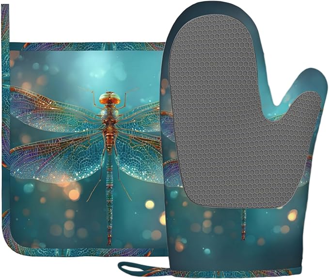 Fantasy Green Dragonfly Oven Mitt and Pot Holder with Silicone Heat Resistant Kitchen for Cooking BBQ Baking Grilling Cooking Protection