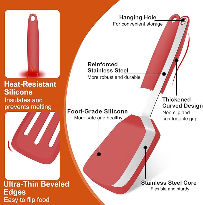 2 Pack Silicone Spatula Set, 600°F Heat Resistant Kitchen Spatula, BPA Free Solid & Slotted Turner, Flexible Cooking Utensils for Non Stick Frying Pan, Flipper for Eggs and Pancakes (Red)