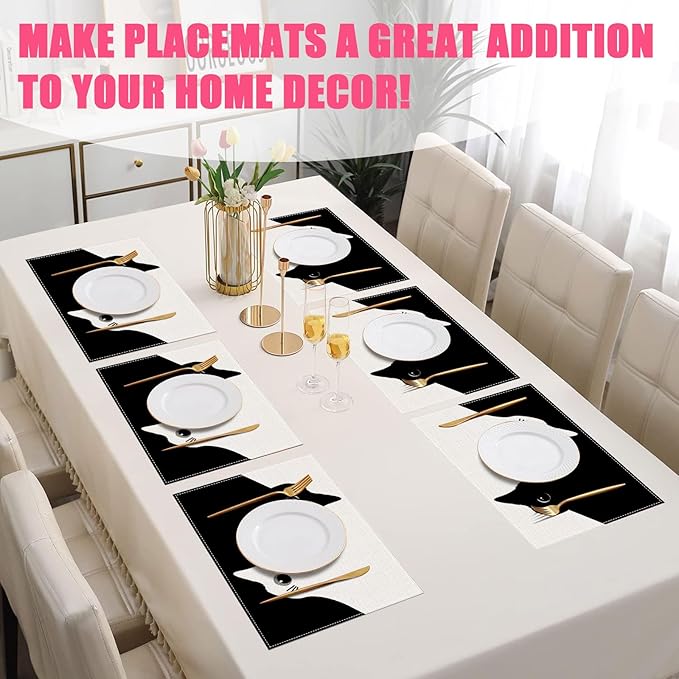 Cute Black White Cat Placemats Set of 6,12x18 Inch Animals Linen Place Mat Washable Stain Resistant Table Mats for Spring Summer Seasonal Farmhouse Kitchen Party Home Decor