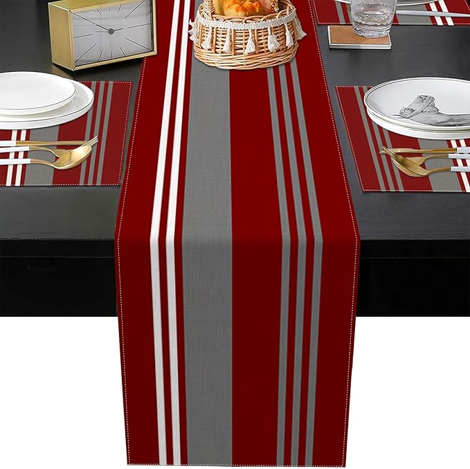 ArtSocket Burgundy Table Runner and Placemats Set of 6, Red Stripes Colorful Grey Line Vintage Abstract Art Dining Decor for Daily Use(1 Table Runner 72 inches Long and 6 Placemats)