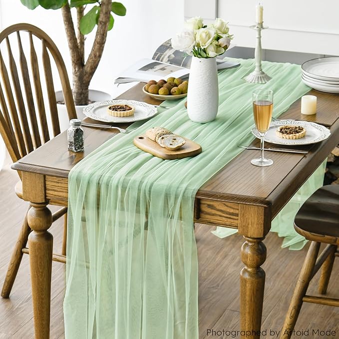 Artoid Mode 6PCS Light Green Gauze Table Runner 120 Inch 10FT, Seasonal Sheer Kitchen Dining Holiday Wedding Birthday Baby Shower Table Decor for Home Party