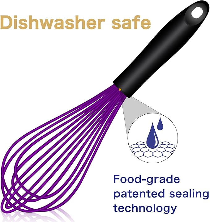 OYV Dishwasher Safe Purple Silicone Whisk, Sealed Waterproof Design Set of 3, Professional Kitchen Whisks for Cooking Non-Scratch, Silicone & Stainless Steel Whisk, Heat Resistant Balloon Egg Beater