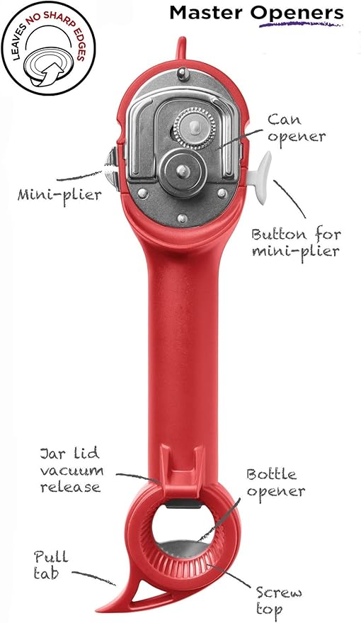Kuhn Rikon Auto Safety Master Opener for Cans, Bottles and Jars, 9 x 2.75 inches, Red