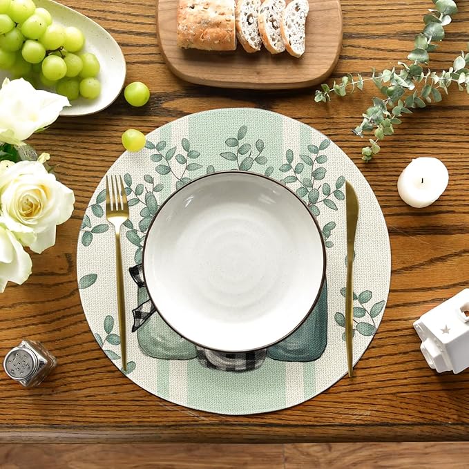 Artoid Mode Eucalyptus Buffalo Plaid Spring Placemats Set of 4, 14 Inch Round Vase Seasonal Table Mats for Party Kitchen Dining Decoration