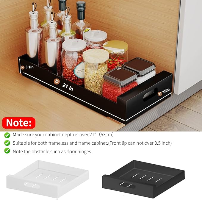 21'' Deep Pull Out Cabinet Organizer, 10'' Wide Sturdy Pull Out Drawers for Face Frame or Frameless Cabinets Adhesive, Slide Out Shelves for Pantry,Kitchen, Bathroom and Living Room
