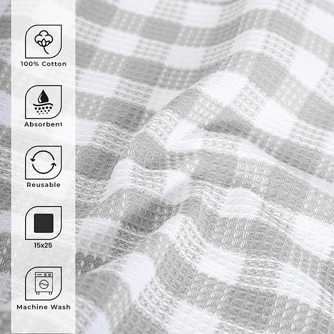 Blue Needles Waffle Weave Kitchen Towels, 15x25 Inches 100% Cotton Set of 6 Dish Cloths for Kitchen, Ultra Soft & Absorbent with Hanging Loop, Dish Rags for Quick Drying, Assorted - Ash Grey