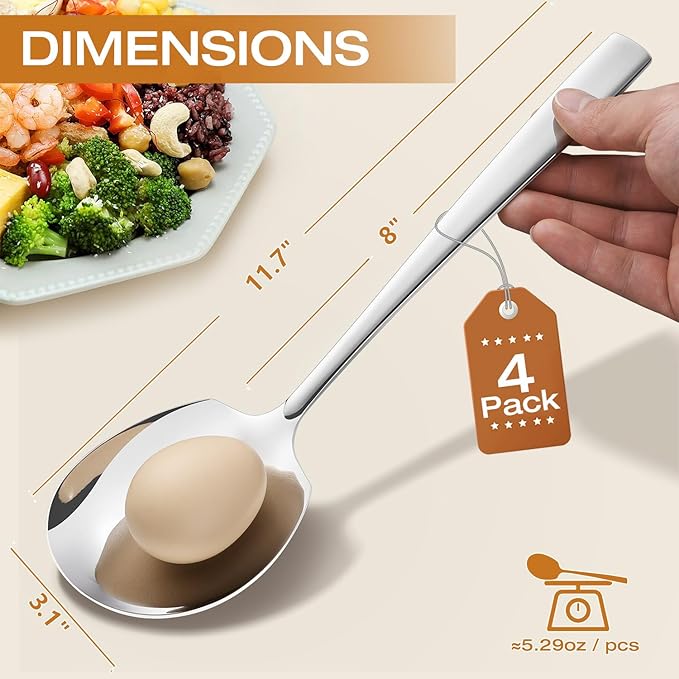 Extra Large Serving Spoons Set 11.7-Inch Silver Serving Utensils 18/8 Stainless Steel Big Metal Spoons for Buffet, Parties, Catering, Banquet - Dishwasher Safe (4-Pack, Silver)
