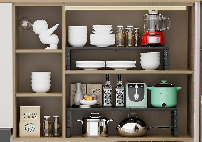 Jojocross Expandable Cabinet Shelf Organizer, Storage Spice Rack, Stackable Adjustable Shelves for Kitchen, Pantry, Cupboard, Bathroom, Countertop, Desktop - 1 Pack, Black, Medium with Hole
