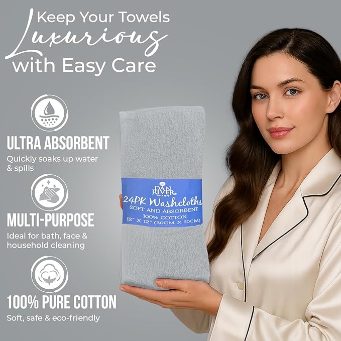 DAN RIVER 24 Pack Wash Cloths for Showering [12x12] - 100% Cotton Washcloths Premium Quality Flannel Face Cloths for Bathroom, Highly Absorbent and Soft Feel Wash Clothes, Silver