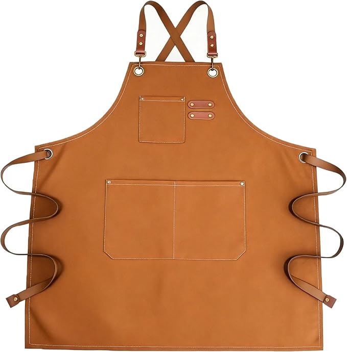 Chef Apron with Large Pockets for Women Men, Cotton Canvas Cross Back Water Repellent Adjustable Work Apron