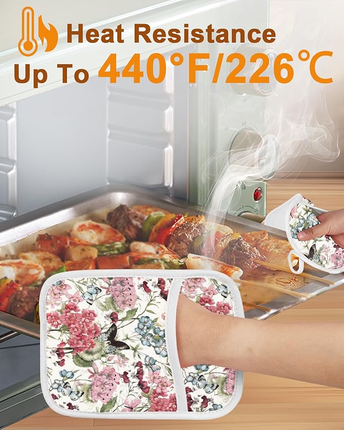 Swooflia 100% Cotton Pot Holders 2 Pack Set for Kitchen with Pockets - Cute 440°F Heat Resistant Oven Hot Pads Heavy Duty for Countertop Home Cooking Baking Microwave BBQ Butterfly Floral