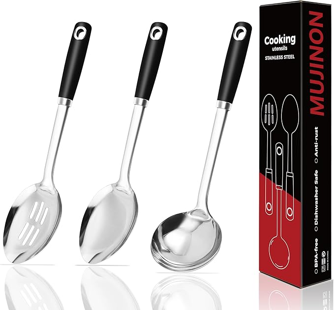14-in Cooking Spoons Set, Heavy Duty 18/0 Stainless Steel Large Serving Spoons Set, Slotted Spoon, Cooking Spoon & Soup Ladle, Commercial and Residential Use, Pack of 3