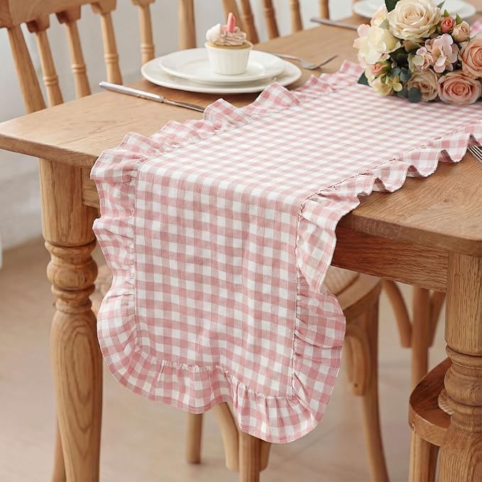 HunnmingRe 1 Pcs Light Pink Plaid Gingham Ruffle Table Runner 72 x 13.8'' Farmhouse Easter Table Runner 100% Cotton Scalloped Long Dresser Scarves for Dining Room, Wedding, Kitchen Rustic Home Decor