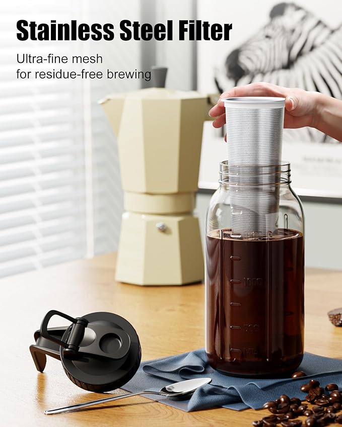 2-Pack Cold Brew Coffee Maker - 64oz Mason Jar Pitcher with Stainless Steel Filter, Spout Lid for Iced Coffee, Tea, Lemonade & Fruit Drinks