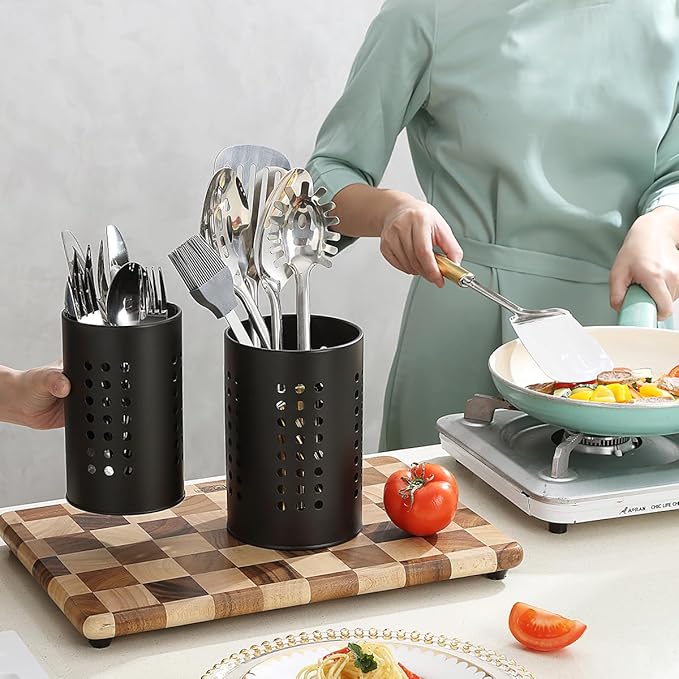 Berglander Kitchen Utensils Holder for Counter Top 2 Pieces, Black Stainless Steel Cutlery Holder, Kitchen Essentials Farmhouse Style Home Countertop Organizer