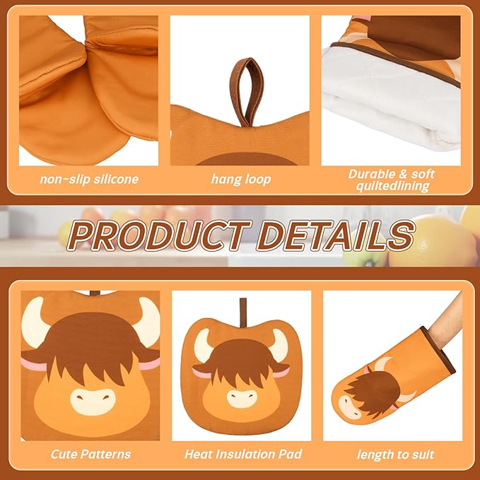 Oven Mitt, Cute Highland Cow Oven Mitts and Pot Holders Sets, Oven Mit Kitchen Mitts for Oven, Oven Mitts Heat Resistant Highland Cow Kitchen Decor & Gifts for Housewarming