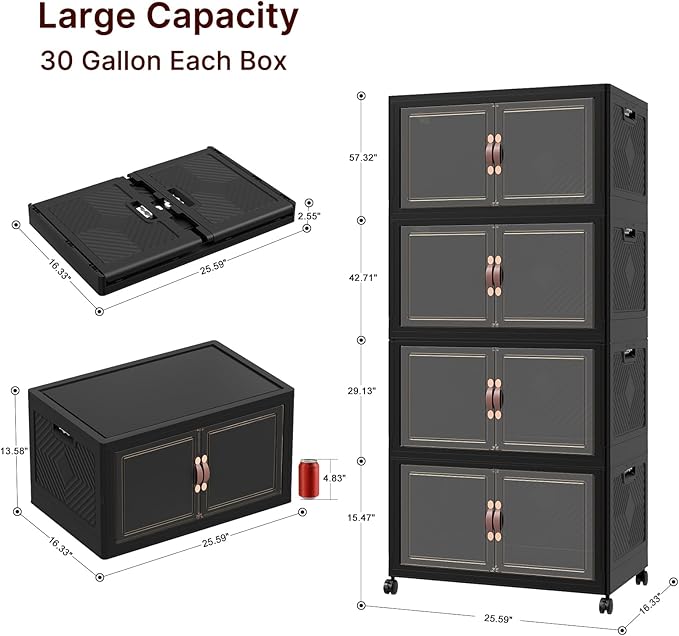 UAMFURI Stackable Storage Bins with Lids, 480QT Closet Organizers, Lockable Storage Cabinet，Foldable Storage Box with Doors and Wheels, Plastic Drawers for Home, Garage, Office (4, Black, Large)