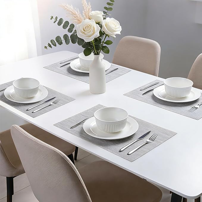 Timeet Placemats Set of 4, Heat Resistant Non-Slip Place Mats for Dining Table, Durable Washable PVC Vinyl Woven Table Mats, Linen Textured Placemats for Kitchen Resistant Easy to Clean(Gray