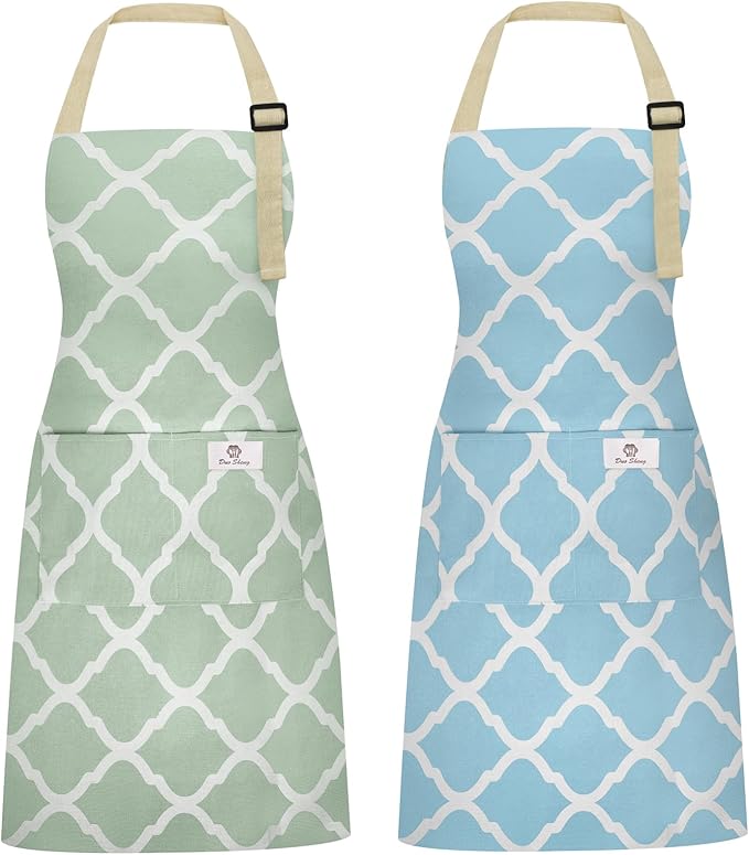 2 Pieces Aprons for Women with Pockets, Cotton Linen Waterproof Kitchen Cooking Aprons, Chef Apronfor Men Women with Adjustable Neck Strap and Long Ties(Green/Blue)