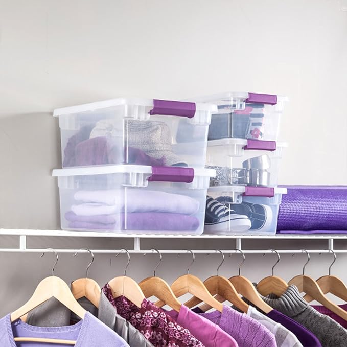 Sterilite 6 Qt ClearView Latch Box, Stackable Storage Bin with Latching Lid, Organize Clothes, Shoes in a Closet, Clear Base and Lid, 12-Pack