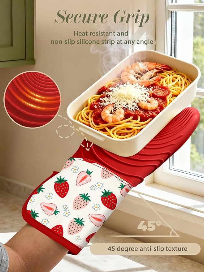 Slohif Long Silicone Oven Mitts Heat Resistant for Women - 2 Pcs Strawberry 100% Cotton Oven Gloves, Non-Slip and Waterproof Silicone Oven Mitts with Hanger for Baking and Cooking