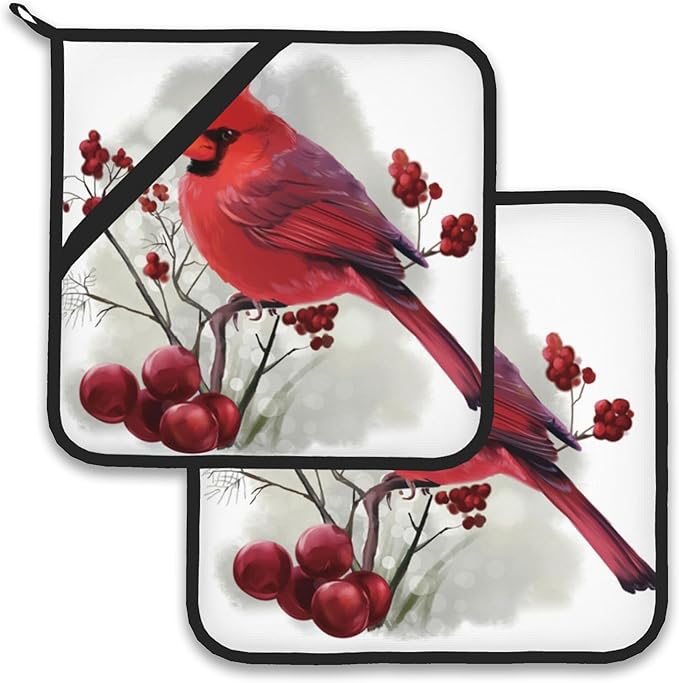 Christmas Cardinal Bird Pot Holder Set of 2,Heat Resistant Potholders Oven Hot Pads for Kitchen Cooking Baking BBQ